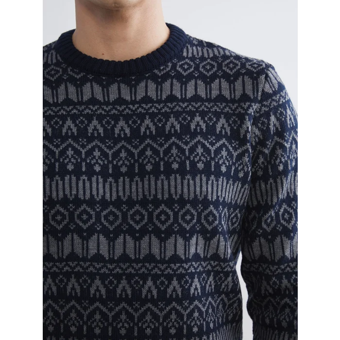 LCWAIKIKI Classic Lacivert Bisiklet Yaka Uzun Kollu Desenli Erkek Triko Kazak