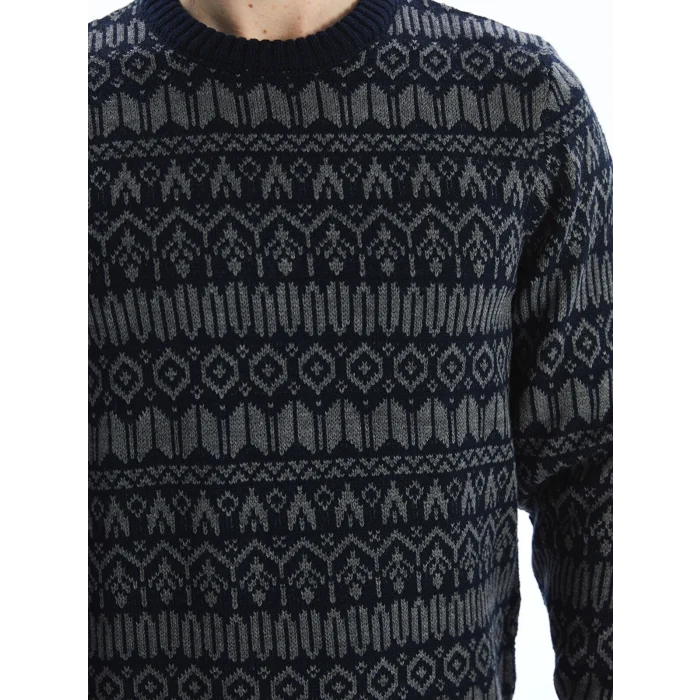 LCWAIKIKI Classic Lacivert Bisiklet Yaka Uzun Kollu Desenli Erkek Triko Kazak