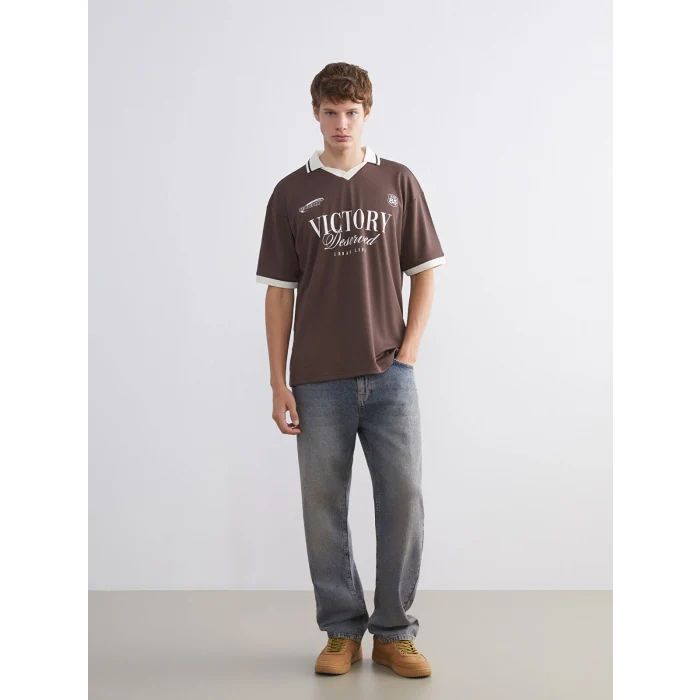 XSIDE Kahverengi Polo Yaka Baskılı Erkek Tişört