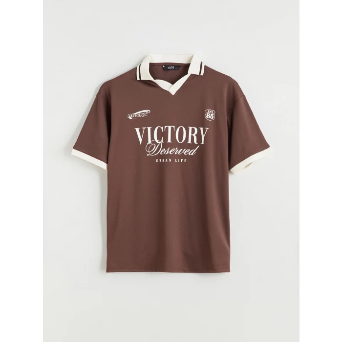 XSIDE Kahverengi Polo Yaka Baskılı Erkek Tişört