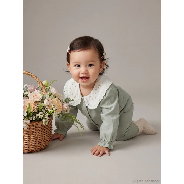 LCW baby Yeşil Bebe Yaka Nakışlı Uzun Kollu Kız Bebek Takım