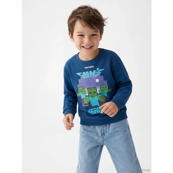 LCW Kids Petrol Minecraft Baskılı Erkek Çocuk Kalın Sweatshirt