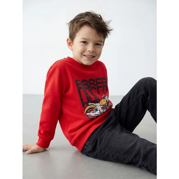 LCW Kids Kırmızı Bisiklet Yaka Baskılı Erkek Çocuk Kalın Sweatshirt