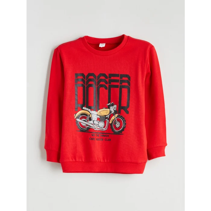 LCW Kids Kırmızı Bisiklet Yaka Baskılı Erkek Çocuk Kalın Sweatshirt
