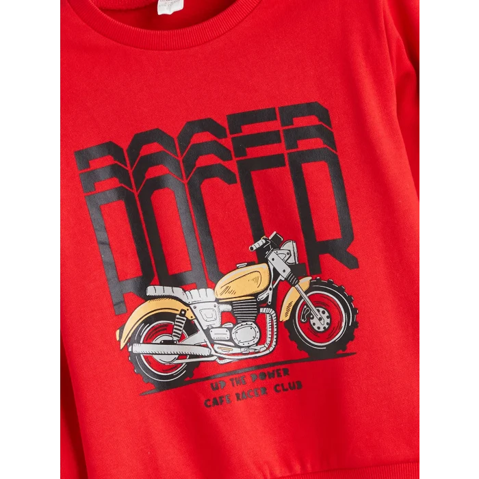 LCW Kids Kırmızı Bisiklet Yaka Baskılı Erkek Çocuk Kalın Sweatshirt