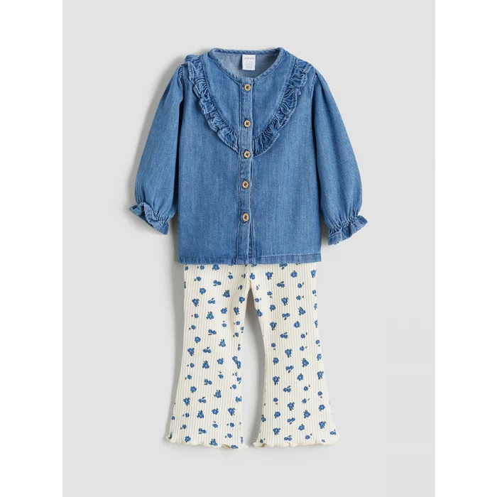 LCW baby Mavi Fırfırlı Kız Bebek Gömlek ve Tayt