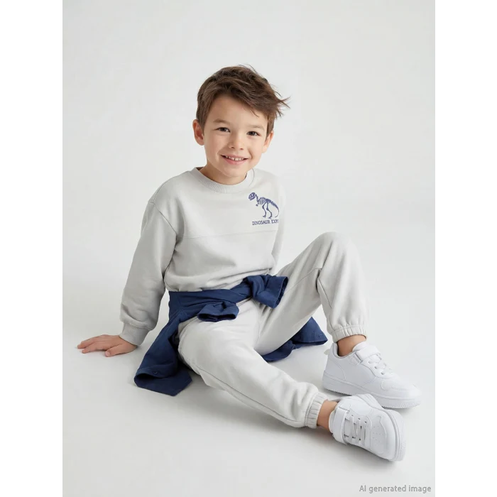 LCW Kids Gri Dinozor Baskılı Erkek Çocuk Sweatshirt ve Eşofman Altı