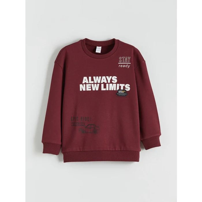 LCW Kids Bordo Bisiklet Yaka Baskılı Erkek Çocuk Kalın Sweatshirt