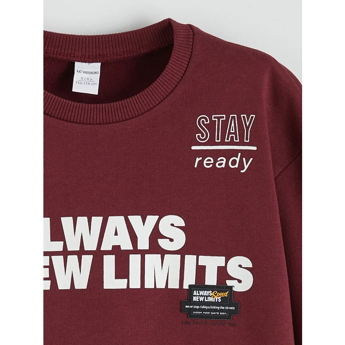 LCW Kids Bordo Bisiklet Yaka Baskılı Erkek Çocuk Kalın Sweatshirt