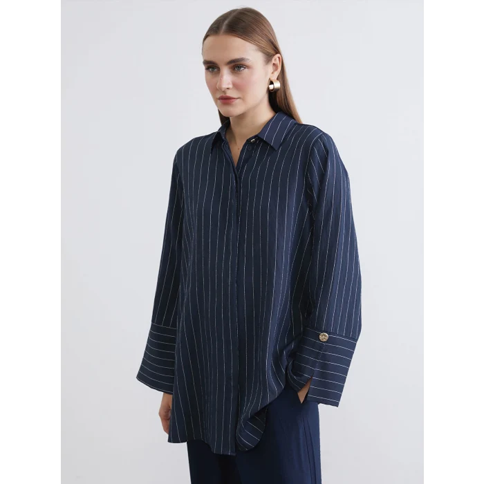 LCWAIKIKI Classic Lacivert Çizgili Kadın Gömlek Tunik