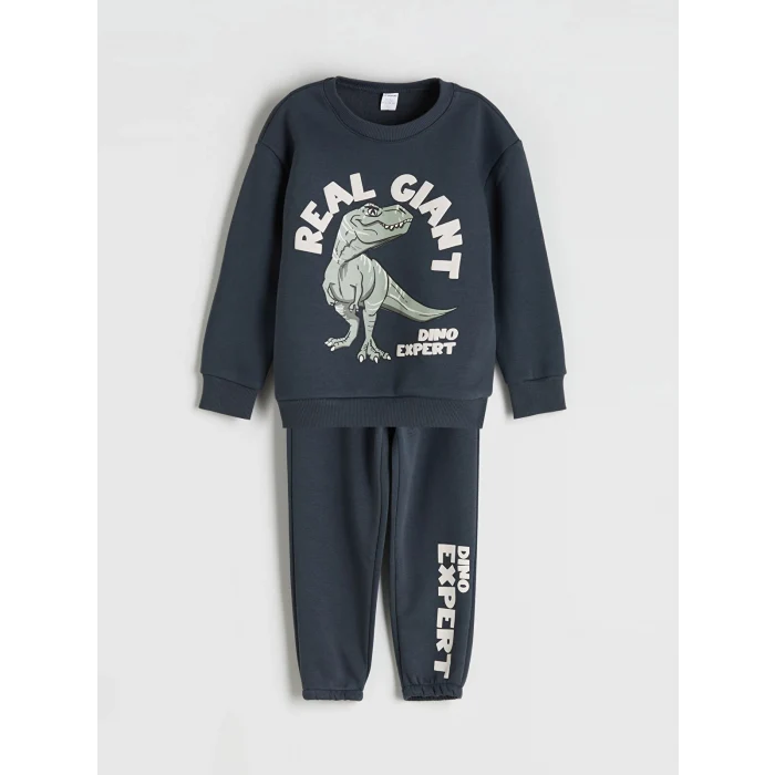 LCW Kids Antrasit Bisiklet Yaka Dinozor Baskılı Erkek Çocuk Sweatshirt ve Eşofman Altı