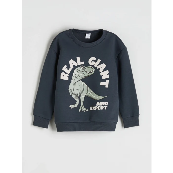 LCW Kids Antrasit Bisiklet Yaka Dinozor Baskılı Erkek Çocuk Sweatshirt ve Eşofman Altı