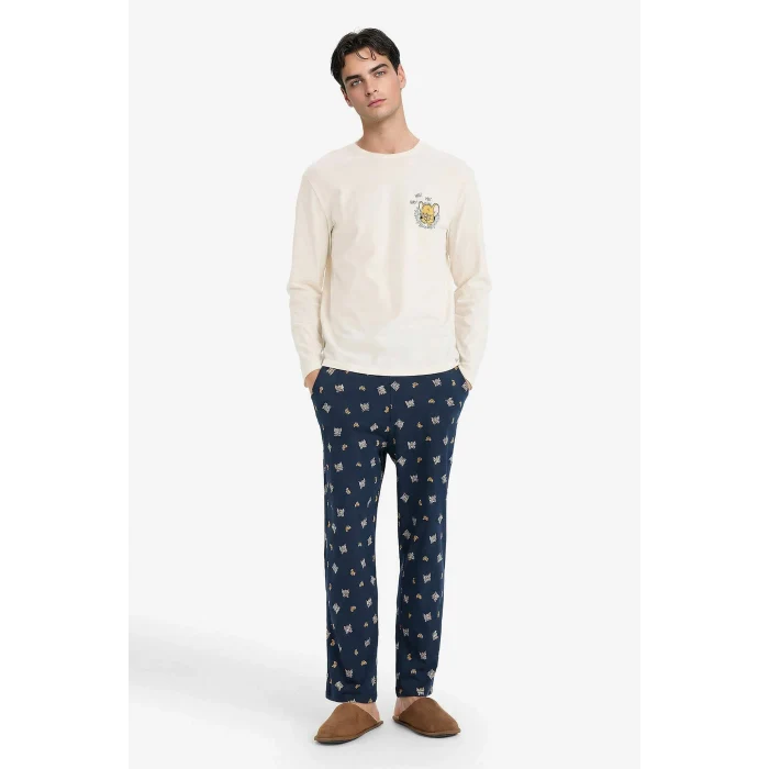 Defacto G3082AXNV135 Lacivert Tom & Jerry Pijama Takımı Regular Fit Uzun Kollu Üst Uzun Alt