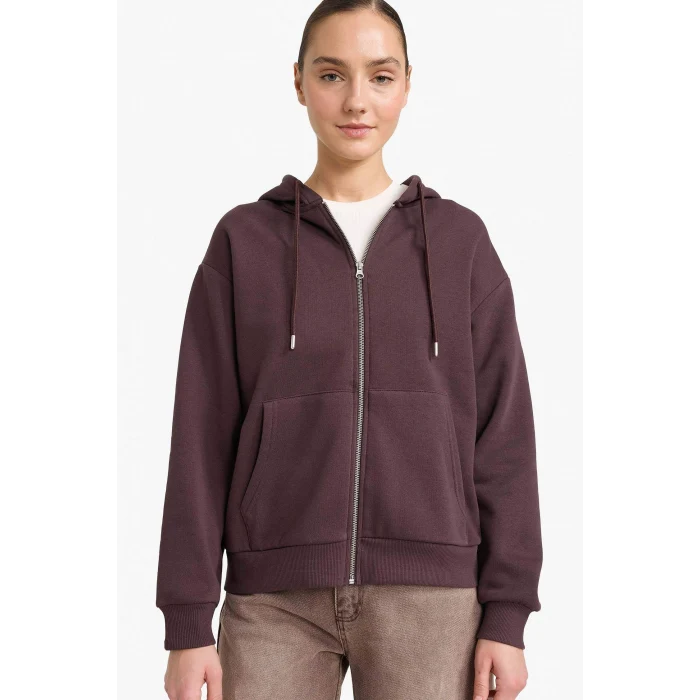 Defacto C1809AXBN340 Kahve Relax Fit Kapüşonlu Basic Düz Kalın Fermuarlı Sweatshirt