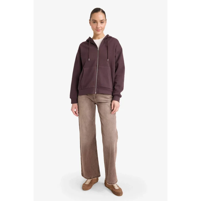 Defacto C1809AXBN340 Kahve Relax Fit Kapüşonlu Basic Düz Kalın Fermuarlı Sweatshirt