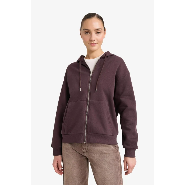 Defacto C1809AXBN340 Kahve Relax Fit Kapüşonlu Basic Düz Kalın Fermuarlı Sweatshirt