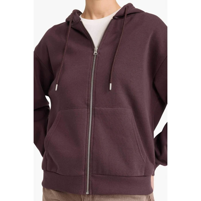 Defacto C1809AXBN340 Kahve Relax Fit Kapüşonlu Basic Düz Kalın Fermuarlı Sweatshirt