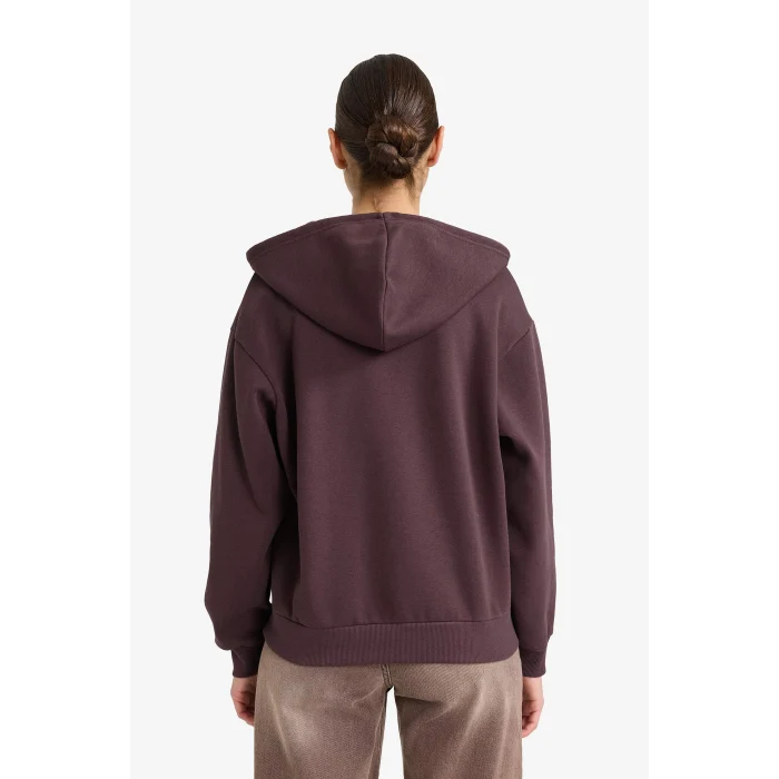 Defacto C1809AXBN340 Kahve Relax Fit Kapüşonlu Basic Düz Kalın Fermuarlı Sweatshirt