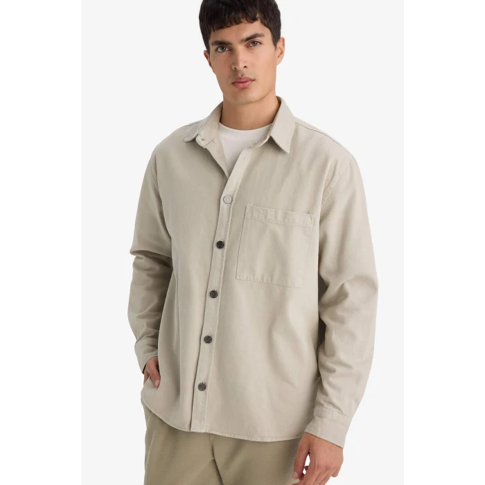 Defacto G6595AXGR302 Gri Relax Fit Polo Yaka Gabardin Uzun Kollu Gömlek