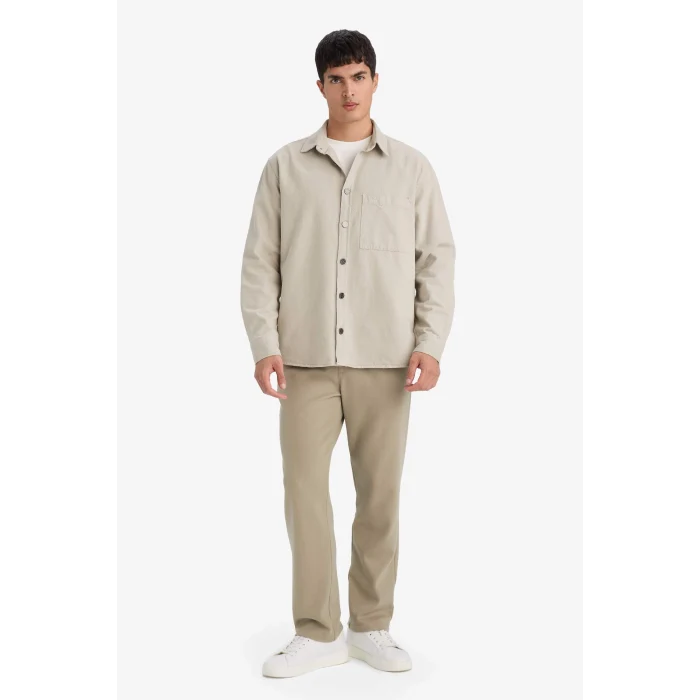 Defacto G6595AXGR302 Gri Relax Fit Polo Yaka Gabardin Uzun Kollu Gömlek