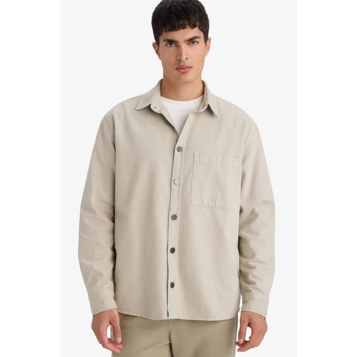 Defacto G6595AXGR302 Gri Relax Fit Polo Yaka Gabardin Uzun Kollu Gömlek