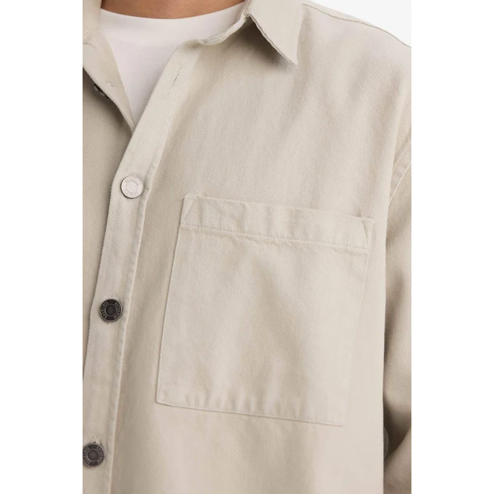 Defacto G6595AXGR302 Gri Relax Fit Polo Yaka Gabardin Uzun Kollu Gömlek