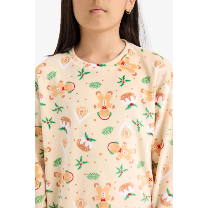 Defacto F1210A8BG358 Bej Kız Çocuk Yılbaşı Temalı Pijama Takımı Kadife Uzun Kollu Üst Uzun Alt