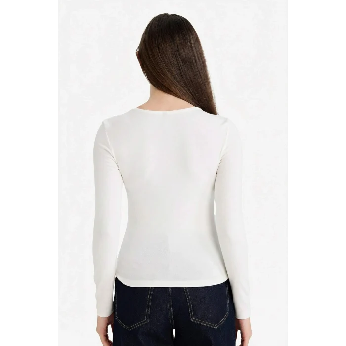 Defacto G8256AXER105 Ekru Slim Fit Dar Kesim Bisiklet Yaka Basic Düz Modal Uzun Kollu Tişört
