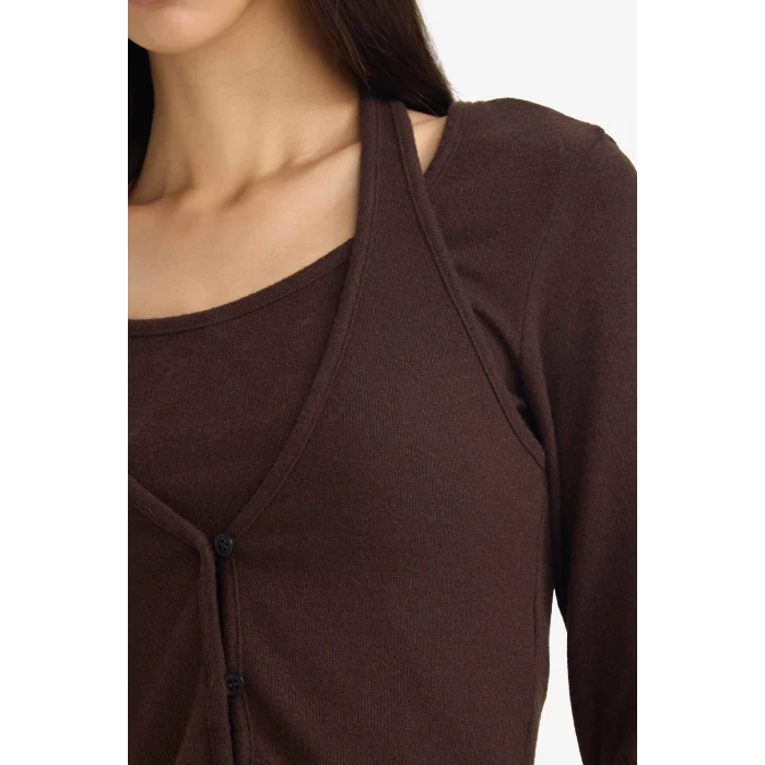Defacto G3668AXBN304 Kahve Halter Yaka Katmanlı Ribana Uzun Kollu Tişört