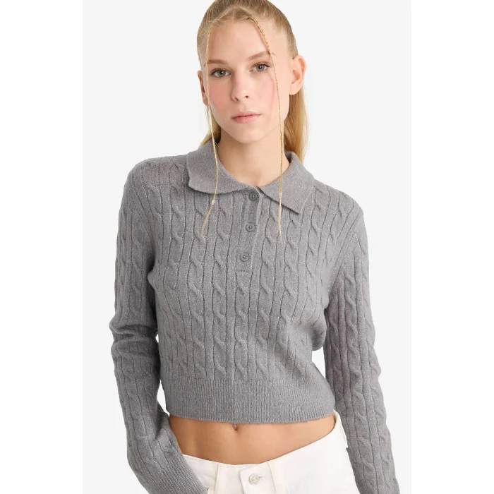 Defacto F1745AXGR130 Gri Slim Fit Dar Kesim Polo Yaka Kazak