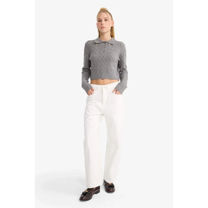 Defacto F1745AXGR130 Gri Slim Fit Dar Kesim Polo Yaka Kazak