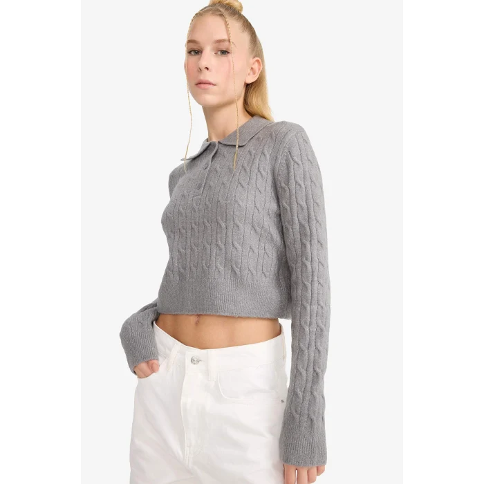 Defacto F1745AXGR130 Gri Slim Fit Dar Kesim Polo Yaka Kazak