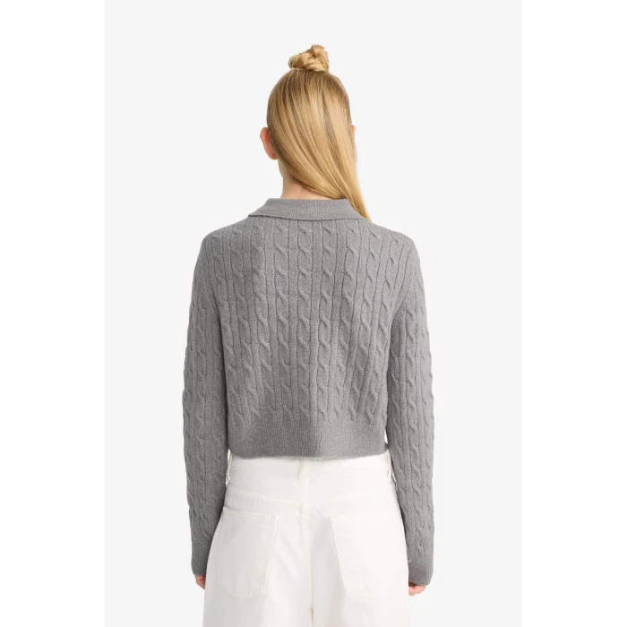 Defacto F1745AXGR130 Gri Slim Fit Dar Kesim Polo Yaka Kazak