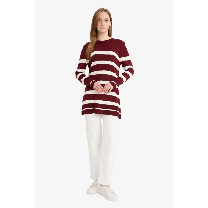 Defacto C6031AXBR281 Bordo Regular Fit Bisiklet Yaka Çizgili Kazak Tunik