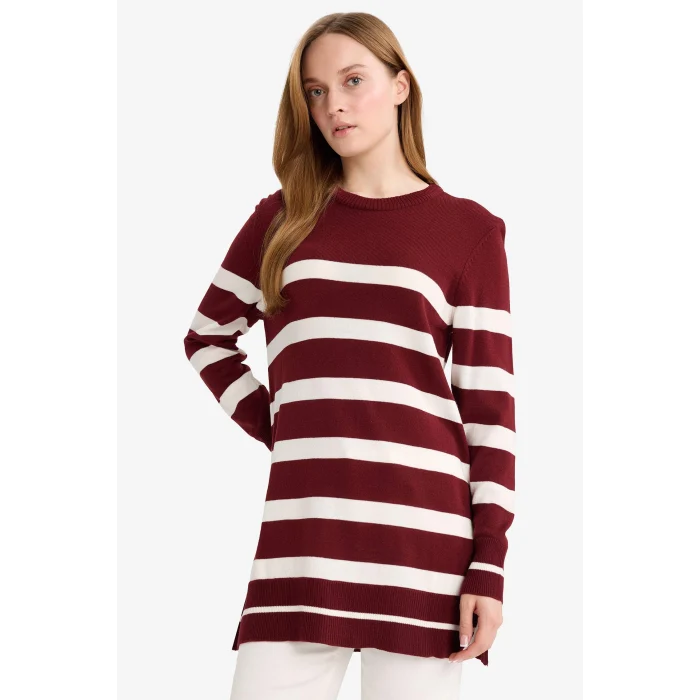 Defacto C6031AXBR281 Bordo Regular Fit Bisiklet Yaka Çizgili Kazak Tunik