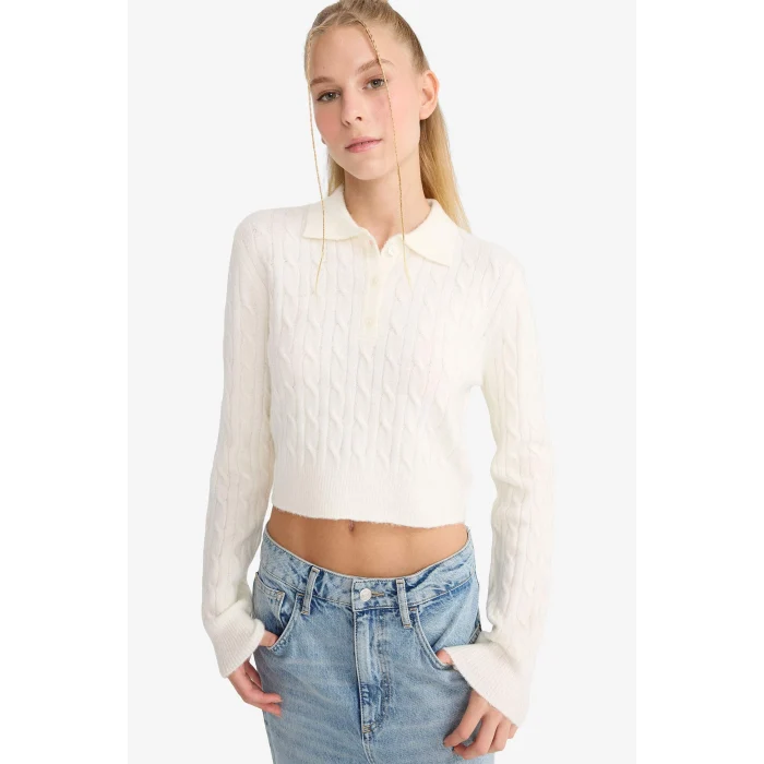 Defacto F1745AXER105 Ekru Slim Fit Dar Kesim Polo Yaka Kazak