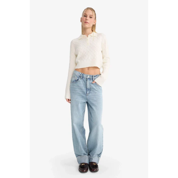 Defacto F1745AXER105 Ekru Slim Fit Dar Kesim Polo Yaka Kazak