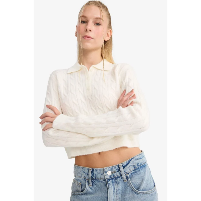 Defacto F1745AXER105 Ekru Slim Fit Dar Kesim Polo Yaka Kazak