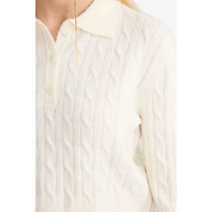 Defacto F1745AXER105 Ekru Slim Fit Dar Kesim Polo Yaka Kazak