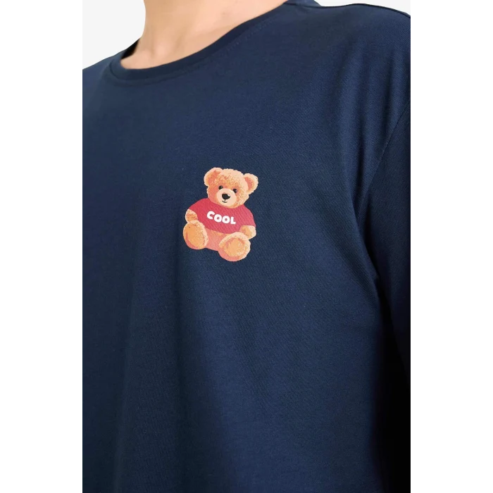 Defacto G7393AXNV135 Lacivert Pijama Takımı Regular Fit Ayıcık Baskılı Uzun Kollu Üst Uzun Alt