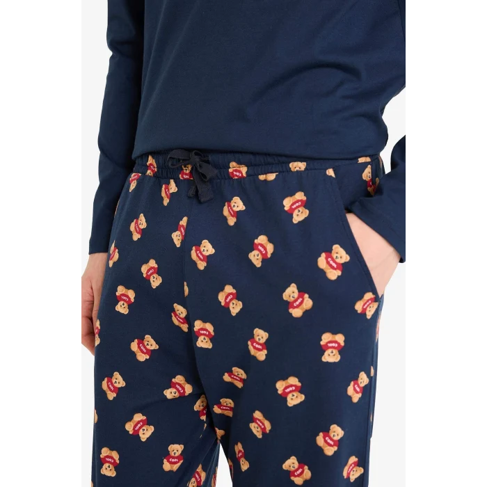 Defacto G7393AXNV135 Lacivert Pijama Takımı Regular Fit Ayıcık Baskılı Uzun Kollu Üst Uzun Alt