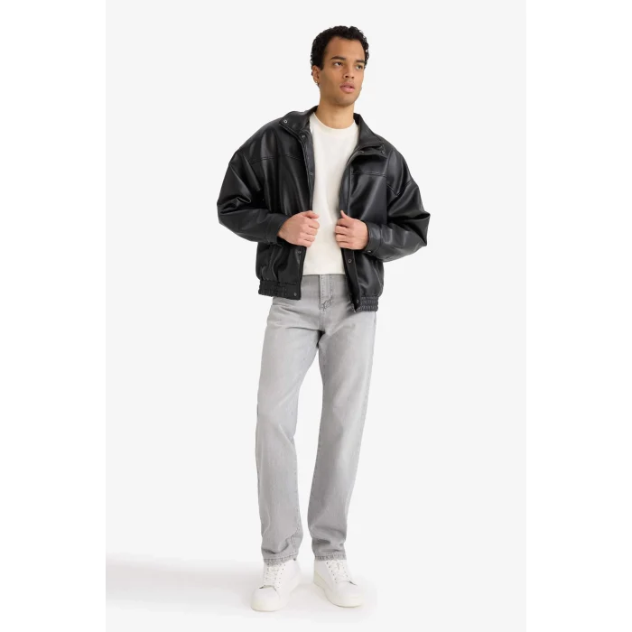 Defacto D2427AXBK27 Siyah Su İtici Oversize Fit Geniş Kalıp Dik Yaka İç Cepli Çıtçıt Kapamalı Beli Lastikli Deri Ceket Mont