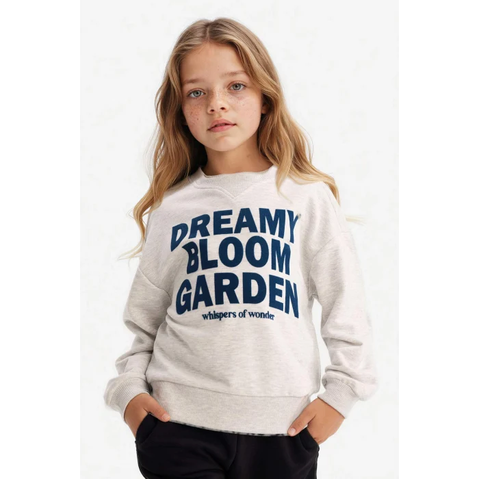 Defacto G3801A8GR85 Gri Kız Çocuk Relax Fit Bisiklet Yaka Baskılı Sweatshirt