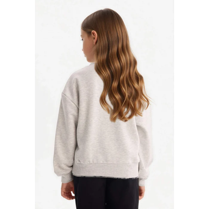 Defacto G3801A8GR85 Gri Kız Çocuk Relax Fit Bisiklet Yaka Baskılı Sweatshirt