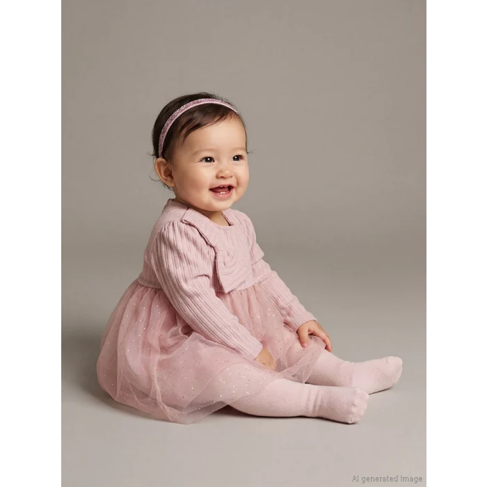 LCW baby Pembe Bisiklet Yaka Uzun Kollu Kız Bebek Tütü Elbise