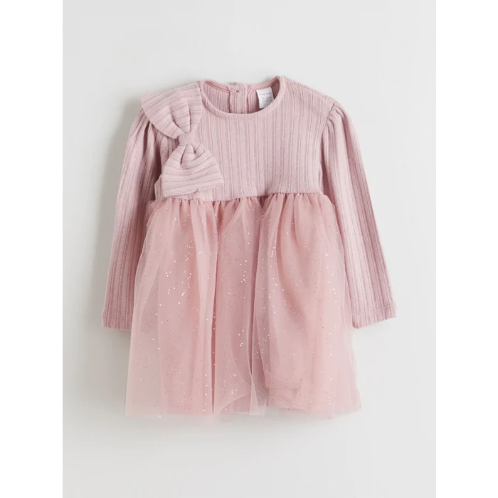 LCW baby Pembe Bisiklet Yaka Uzun Kollu Kız Bebek Tütü Elbise