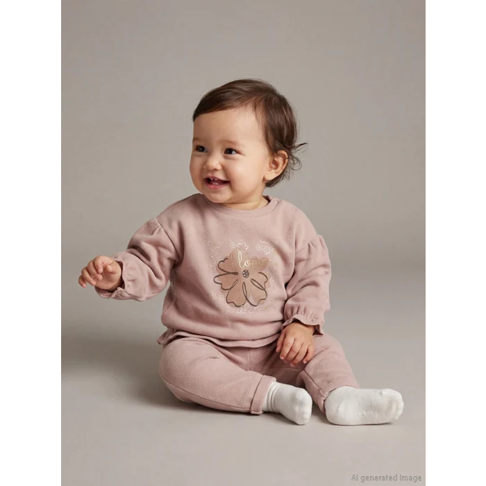 LCW baby Kahverengi Çiçek Baskılı Fırfırlı Kız Bebek Sweatshirt ve Eşofman Altı