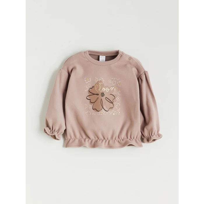LCW baby Kahverengi Çiçek Baskılı Fırfırlı Kız Bebek Sweatshirt ve Eşofman Altı
