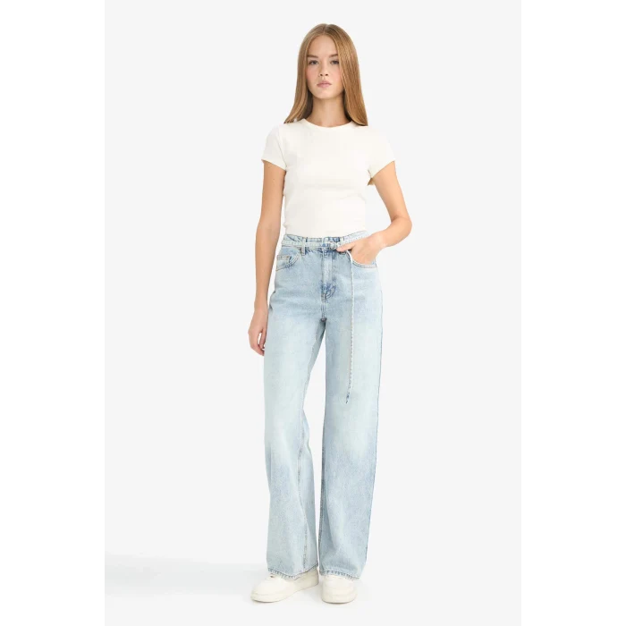 Defacto F2945AXNM39 Mavi Straıght Wıde Yüksek Bel Düz Paça Uzun Jean Yıkamalı Pantolon