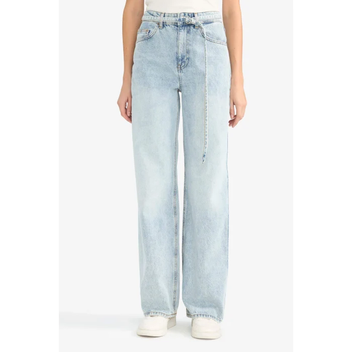 Defacto F2945AXNM39 Mavi Straıght Wıde Yüksek Bel Düz Paça Uzun Jean Yıkamalı Pantolon